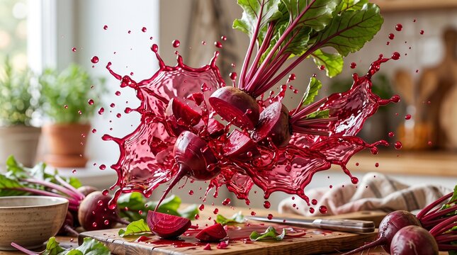 Fresh beetroot slices with dynamic red juice splash in kitchen, beetroot
