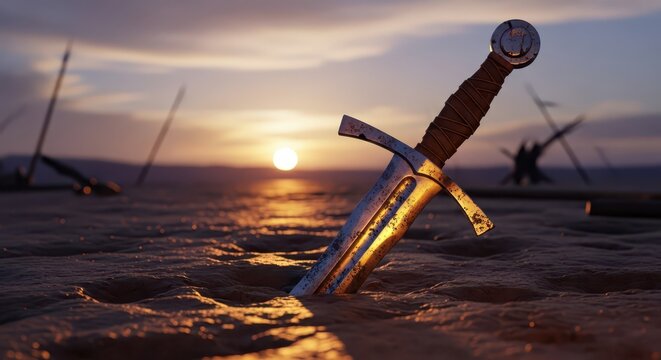 Ancient medieval sword stuck in sandy ground at sunset, symbolizing legend and history