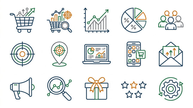 Collection of business and technology icons line art.