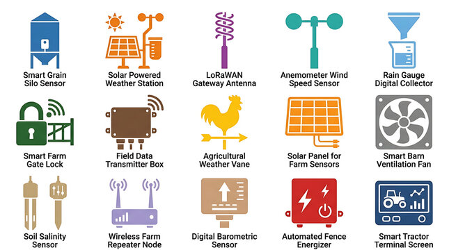 Smart Farm IoT Infrastructure LoRaWAN Gateway Weather Station Solar Panel Vector Icons