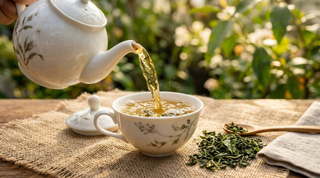 Pouring hot green tea from teapot into cup, healthy herbal drink, outdoor cafe setting.