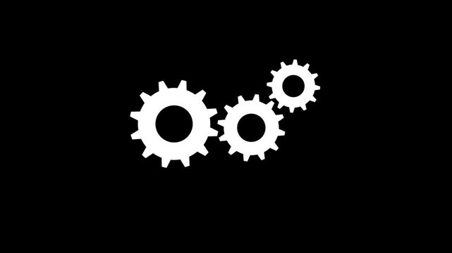 Three white spinning gear mechanism process settings icon animation