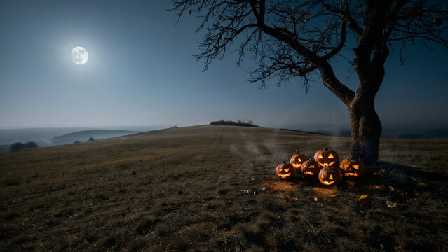 Glowing jack-o-lantern pumpkins sitting under a bare tree on a dark grassy hill under a ad social media download thambnail poster web template event festival 2026 2027 2028