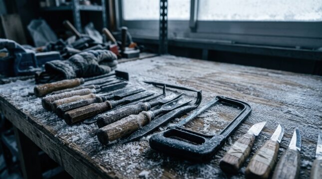 Aesthetic arrangement of professional timber craving iron chisel tool lines placed on heavy industry wood workstation table