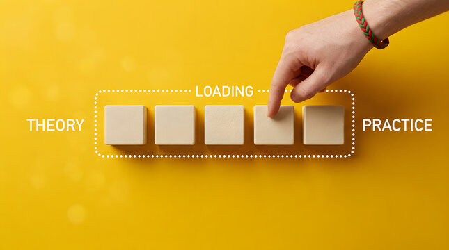 Hand pressing a block in a row between theory and practice with loading concept on yellow background