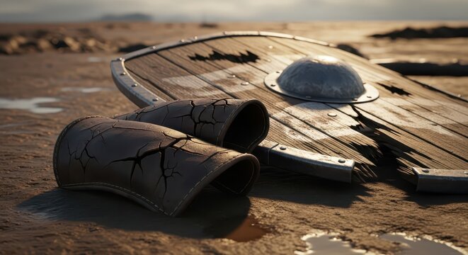 Ancient cracked leather bracers and worn wooden shield lying on a desolate, sandy battlefield at sunset.