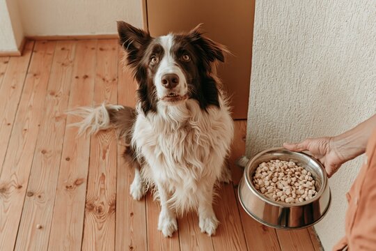 Brown and white collie dog looking up eagerly for food as a hand holds a metal bowl of kibble in a cozy home for pet care and animal nutrition