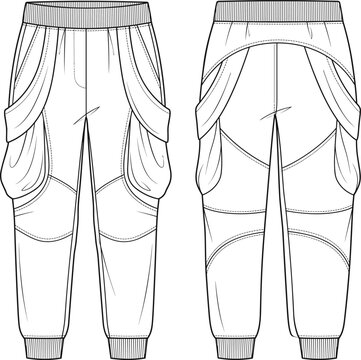 Women's Draped Jogger Pants CAD Technical Flat Front and Back Vector Template