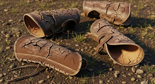 Ancient cracked leather bracers lying on the dry, cracked earth, evoking a sense of history and harsh conditions