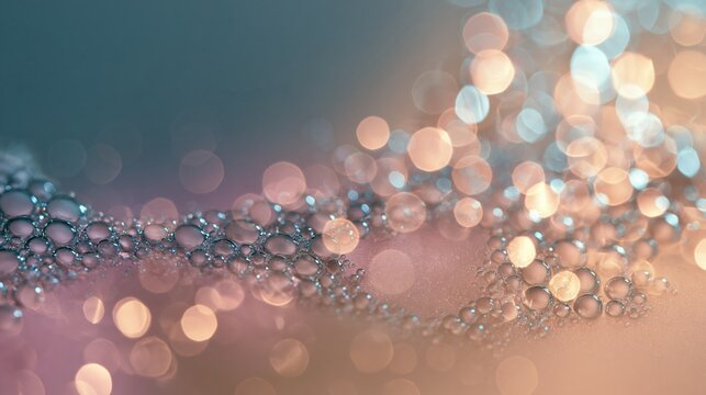 Luminous water droplets and soft orbs settle on a lilac mist surface for a clean medical or wellness background with copy space
