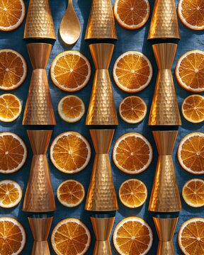 Hammered brass jiggers and orange slices in a repeating grid on blue linen, a geometric barware pattern with warm metallic glints for mixology textiles