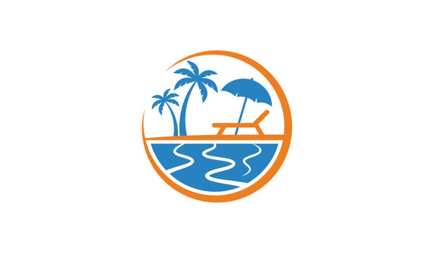 Tropical beach vacation resort logo featuring blue palm trees and a deck chair with an umbrella within a circular frame over wavy sea.