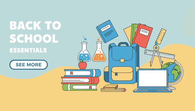 Back to school banner featuring various essentials like a blue backpack, open laptop, stack of textbooks, rulers, and lab flasks.