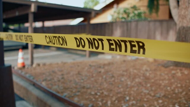 Yellow caution tape do not enter foreground blocking unsafe area showing restricted access and control of hazardous outdoor zone