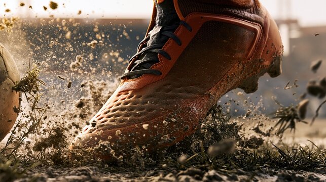 Close up of a textured orange soccer cleat kicking a ball with flying grass and soil for sports advertising and high energy football imagery