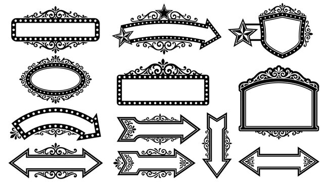 Collection of decorative vintage frames and arrow signboards with ornate filigree borders, classic heraldic shapes for wedding invitations, labels