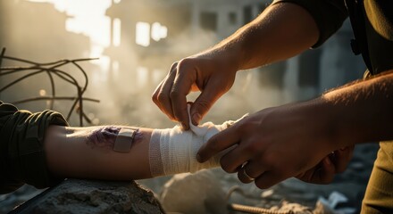 Obraz premium Aid worker applying bandage to injured arm of person in a war-torn, damaged urban environment during sunset