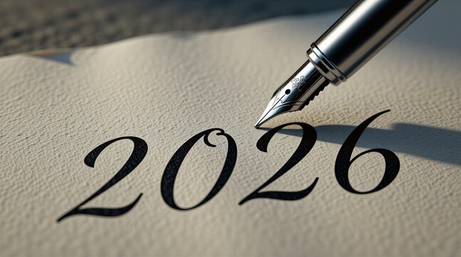 Silver fountain pen writes numbers 2026 on textured paper, new beginnings, future plans. Image suggests progress, goals, act of documenting important dates for upcoming events forecasts.