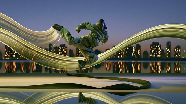 A dynamic breakdancer kicks through sweeping light trails in the air during a twilight spin for urban motion and performance content