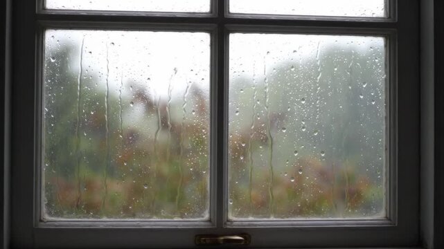 From an indoor perspective, rain drops fall on the window glass, and rain falls outside the window in a rainy day