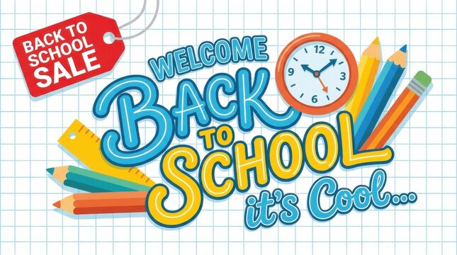 Back to school sale banner with pencils clock and welcome text colorful illustration