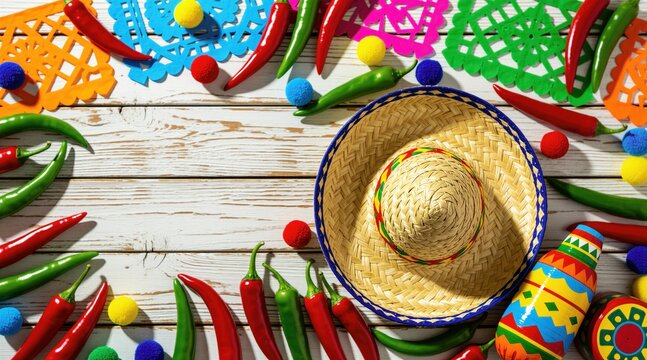 Mexican fiesta composition on white rustic wooden board. Traditional straw sombrero hat sits beside colorful paper decorations, fresh hot chili peppers. Vibrant holiday arrangement creates festive