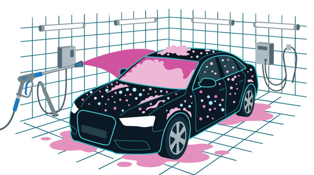 Car wash service with pink foam and high pressure water gun flat vector illustration for automotive maintenance services