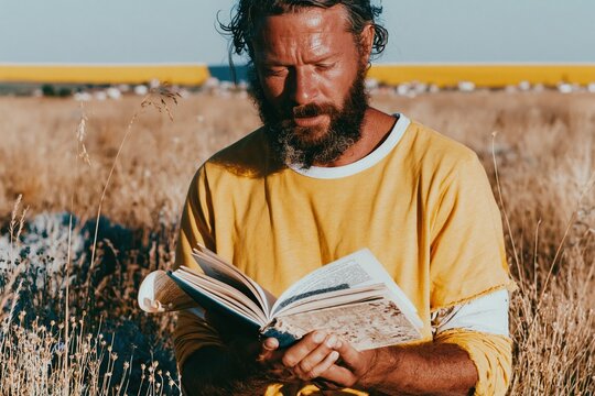 A man with a beard reads an open book in a sun-drenched golden meadow at dusk for concepts of faith and quiet reflection, featuring weathered textures and copy space