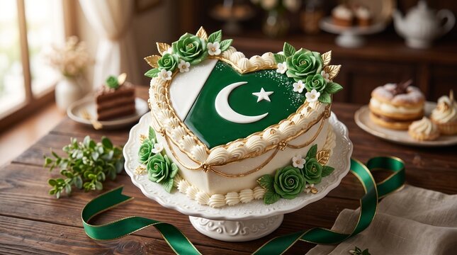 Pakistan Independence Day heart cake with national flag, green and white cream frosting, celebratory dessert for 14 August national holiday