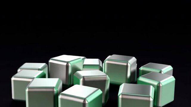 3D animation of silver and green metallic cubes tumbling on black background