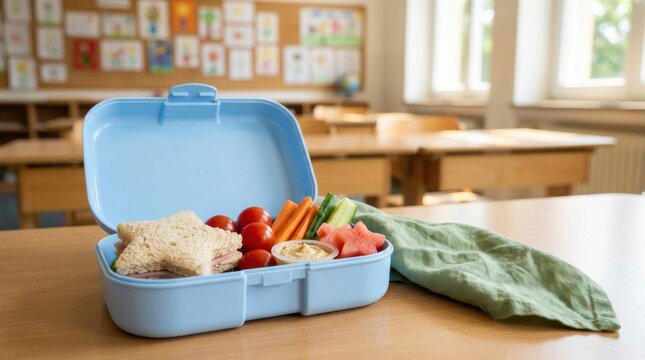 Open blue lunchbox with healthy snacks on a desk back to school concept