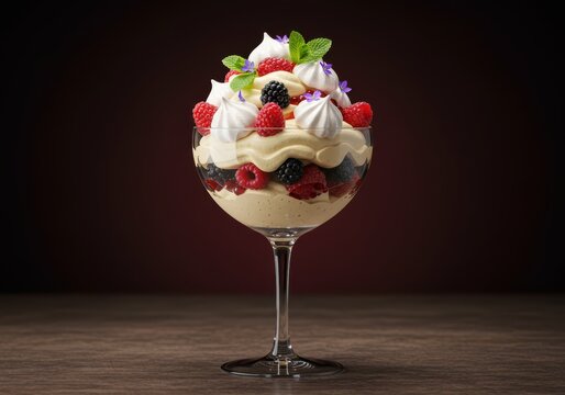 A delicious berry trifle dessert served in a tall stemmed glass, topped with whipped cream and fresh berries