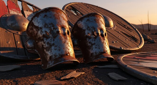 Ancient rusty viking helmets and shields on barren ground at sunset, historical battle aftermath