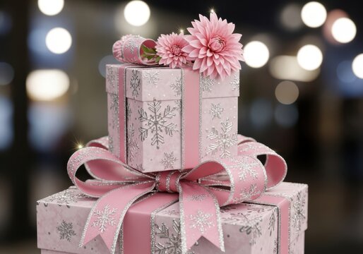 Elegant stack of pink gift boxes adorned with silver snowflakes and a large satin bow, perfect for celebrations