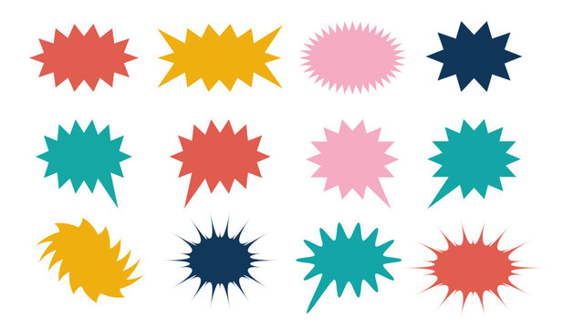 Comic speech bubbles set burst star explosion shapes colorful empty talk cloud labels blank frames retro pop art sound effect stickers vector illustration collection for dialog banner message design 