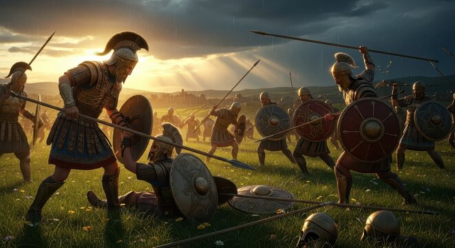Ancient Greek warriors clashing in epic battle on a grassy field at sunset, dramatic combat scene