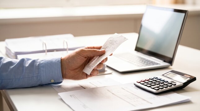 Hand Holding Paper Receipt During Financial Expense Audit at Office Desk with Laptop and Calculator
