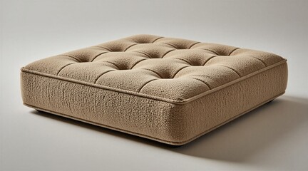 Obraz premium Textured beige floor cushion with tufted surface sits on floor. Square ottoman, modern comfy furniture for relaxation and home decor. Soft padded seating object.