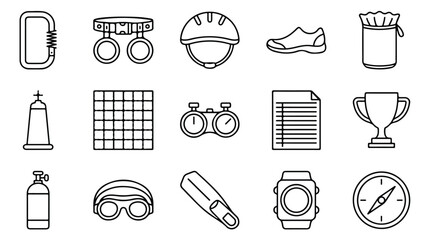 Rock climbing and scuba diving icon set, 15 black line vector elements for extreme sports, outdoor adventure and mountaineering equipment symbols © ALI