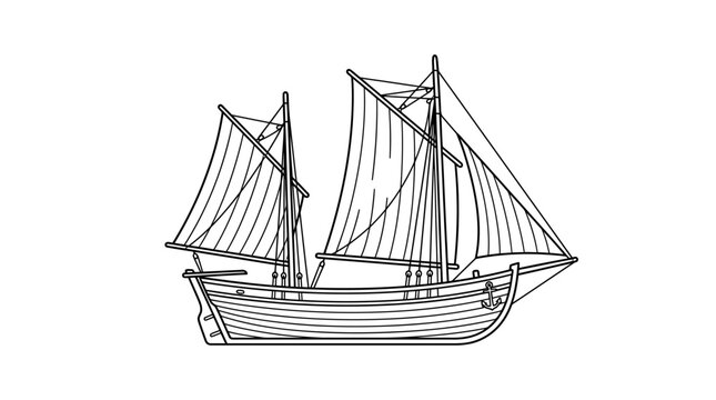 Vintage two-masted wooden sailing ship line art illustration.