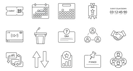 Fototapeta premium Minimalist event management line icons, set of 15 professional conference and seminar vector symbols, business meeting and networking outline graphics
