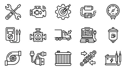 Collection of mechanical and automotive icons in line art style. © Agus