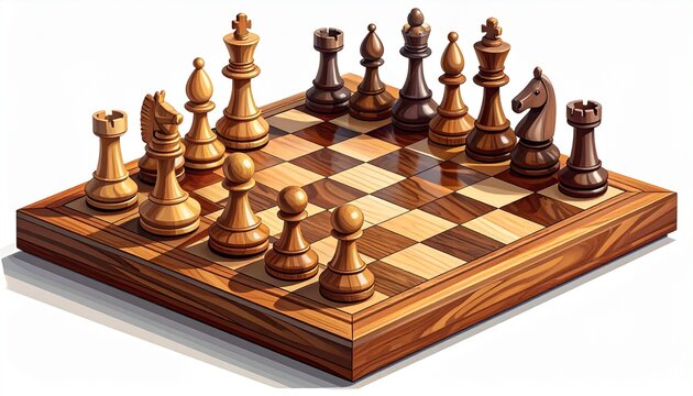 Classic Wooden Chess Set on Polished Board.