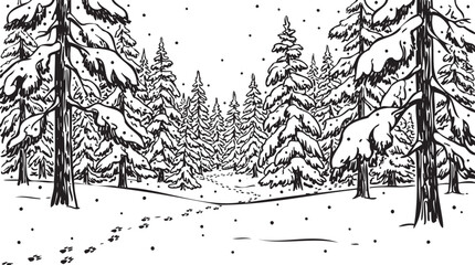 Sketchy winter forest background, black and white landscape with snowy pine trees, sketch style wood with path, monochrome pine woods with snowflakes falling down © Uttom Kumar
