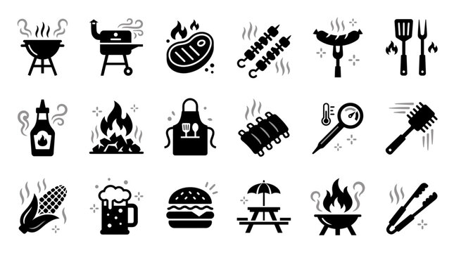Barbecue and grill black vector icon set featuring meat, smoker, utensils, sausage and food items, illustrating outdoor cookout preparation, symbolizing summer party gathering