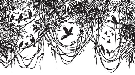 Vintage black line art hand-drawn jungle border with toucans, macaws, tropical leaves, and vines. Etching style illustration on white background. Ornamental divider with text space. © Uttam