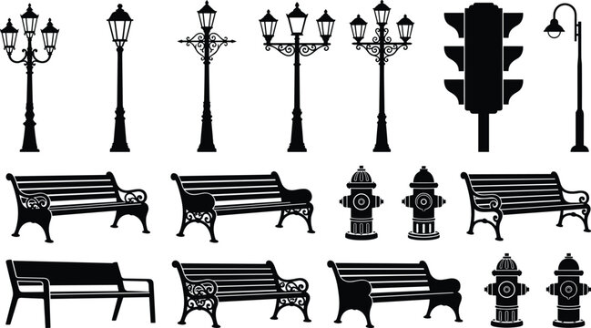 Set of black silhouette vector icons featuring classic park benches street lamps traffic lights and fire hydrants for urban landscape design elements, furniture