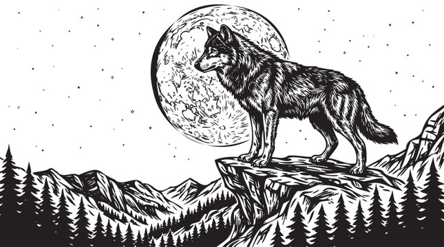 Retro vector wolf howling at the moon, vintage wild dog silhouette on mountain cliff, hand drawn black and white engraving style, illustration for tattoo, logo, patch