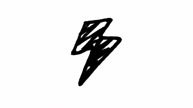 Artistic hand-drawn black scribbled lightning bolt symbol animation on white background motion graphic Video 4K