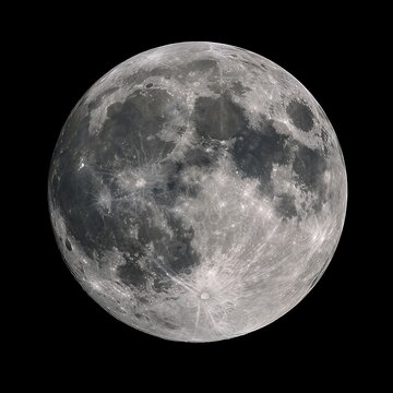 A detailed, high-resolution image of the full moon, showcasing its rugged surface, numerous craters, and dark maria against the vast blackness of space.